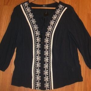 F & F Embroidery Navy Blue Peasant Long Sleeve Top